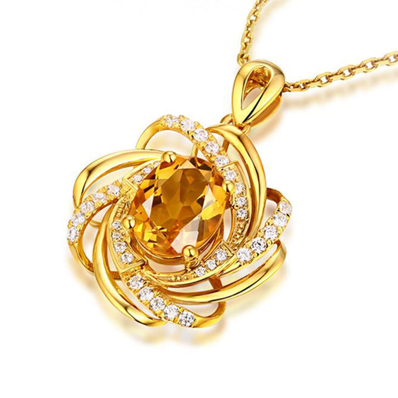 Low Luxury Plated 18k Golden Crystal Necklace Full Diamond Flower Gold Pendant