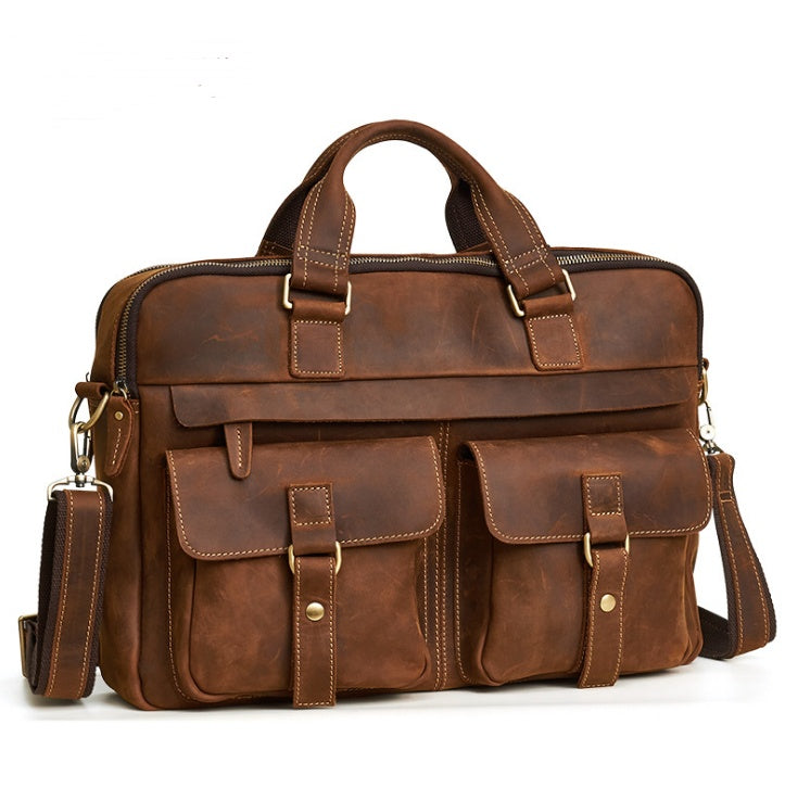 Genuine men''s bags retro men''s business bags briefcase cowhide oblique Bag 15.6 inch Laptop Bag