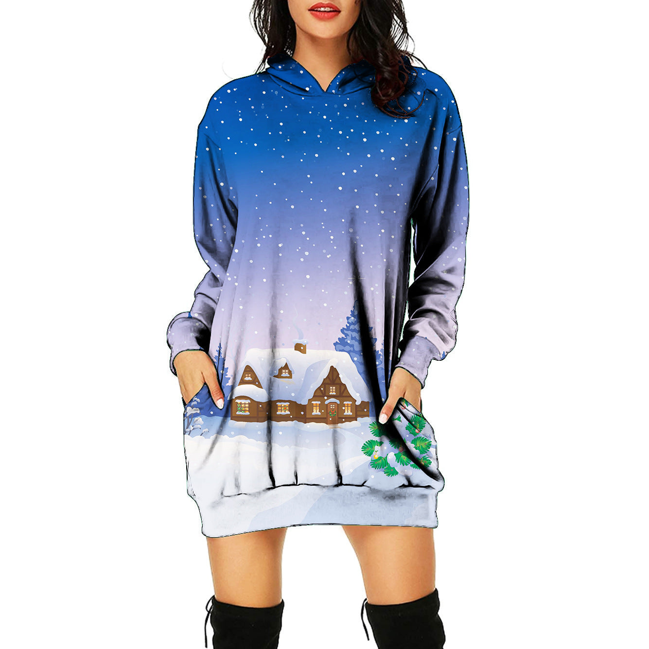 Christmas 3d Printed Mid-length Hooded Pullover Dress