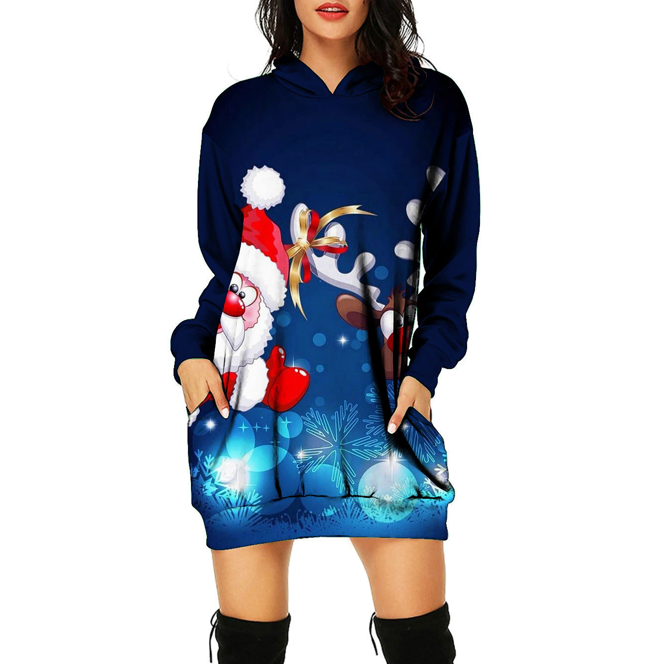 Christmas 3d Printed Mid-length Hooded Pullover Dress