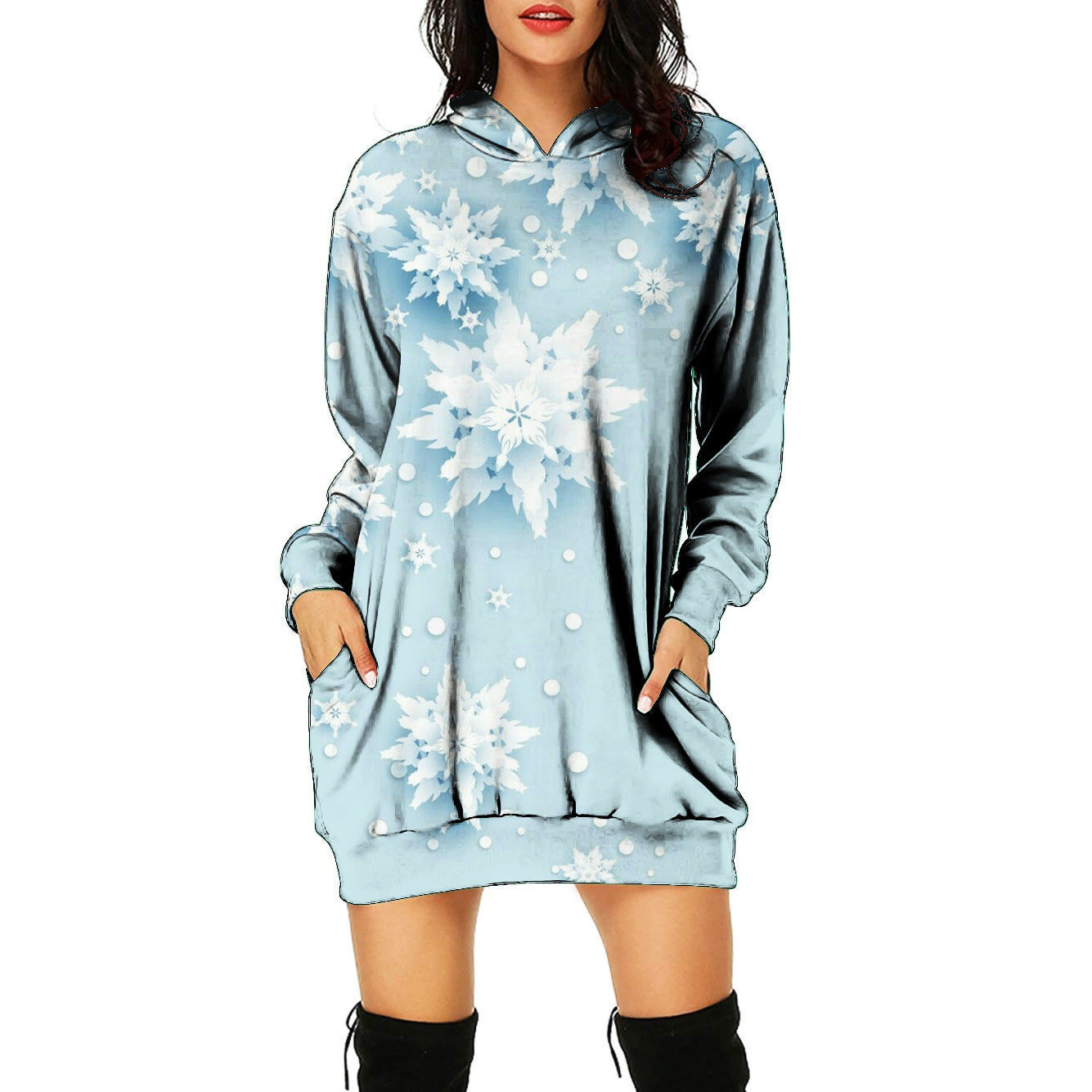 Christmas 3d Printed Mid-length Hooded Pullover Dress