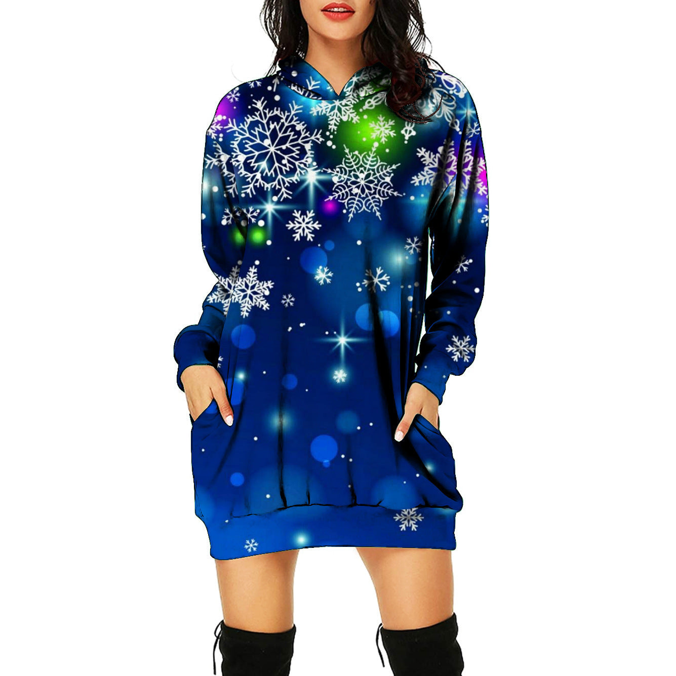 Christmas 3d Printed Mid-length Hooded Pullover Dress