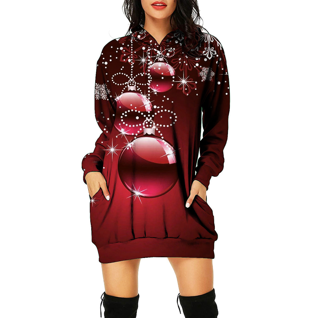 Christmas 3d Printed Mid-length Hooded Pullover Dress