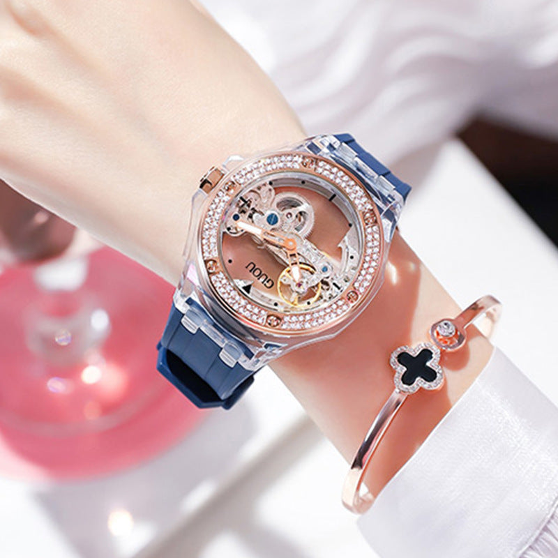 Simple Ladies Rhinestone Silicone Strap Mechanical Watch