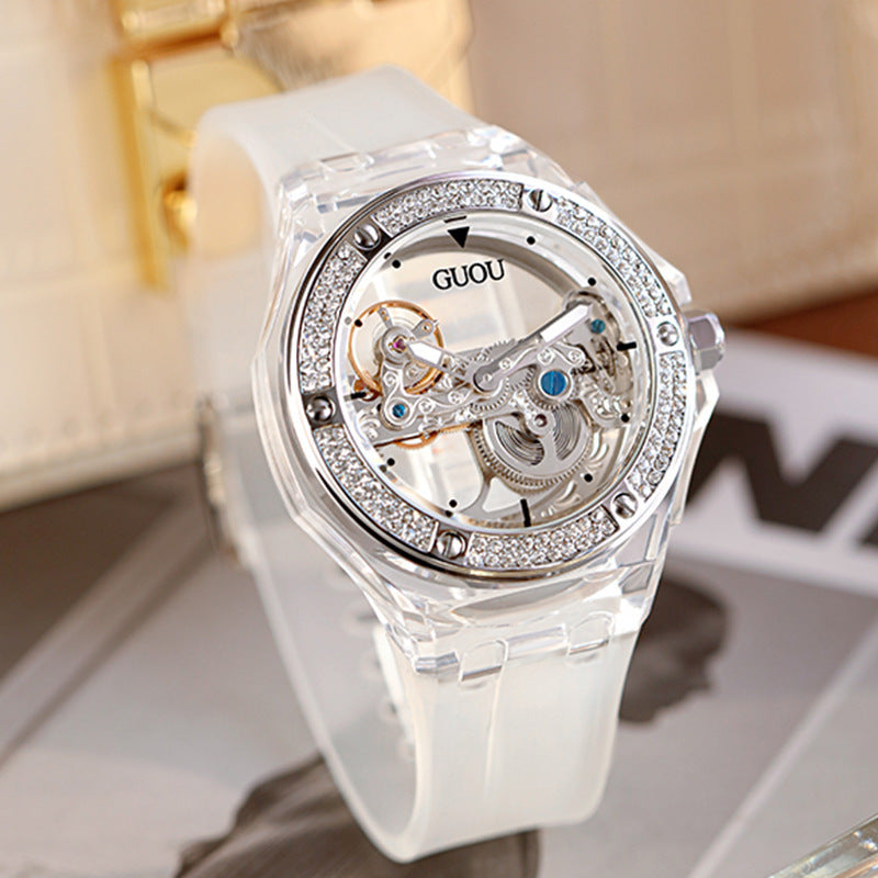 Simple Ladies Rhinestone Silicone Strap Mechanical Watch