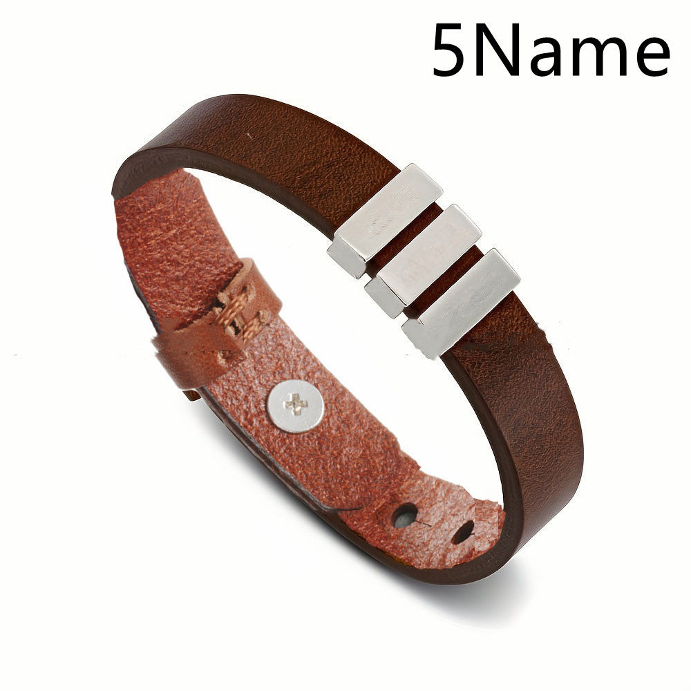 Customized Family Names Bracelet For Men Personalized Engraved Stainless Steel Beads Leather Bracelets Bangle Father's Day Gifts