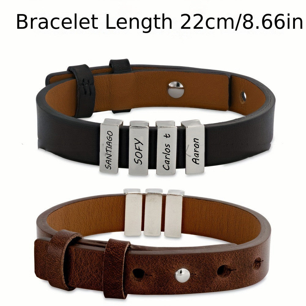 Customized Family Names Bracelet For Men Personalized Engraved Stainless Steel Beads Leather Bracelets Bangle Father's Day Gifts