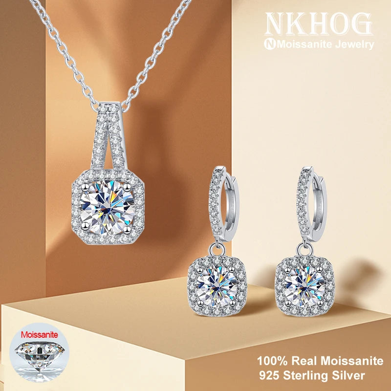 Real Moissanite S925 Sterling Silver Jewelry Sets Drop Earrings, Pendant Necklace  for Women (Standard shipment only-No DHL- Free shipment)