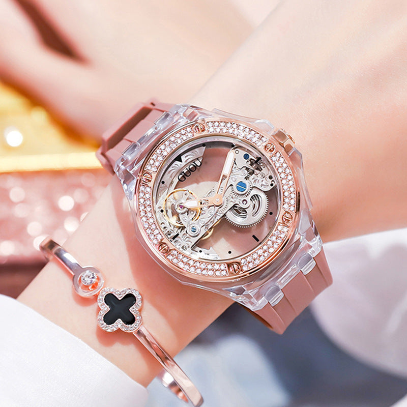 Simple Ladies Rhinestone Silicone Strap Mechanical Watch