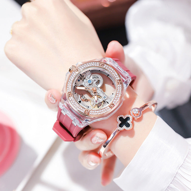 Simple Ladies Rhinestone Silicone Strap Mechanical Watch