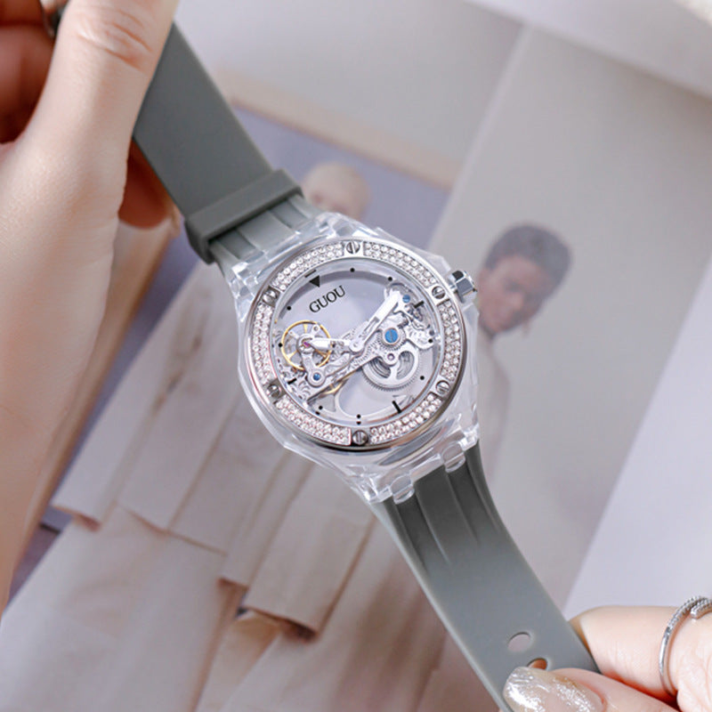 Simple Ladies Rhinestone Silicone Strap Mechanical Watch