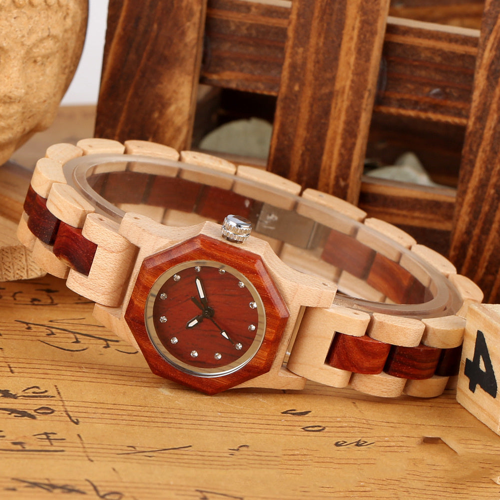 Bracelet Buckle Octagon Face Diamond Ladies Wooden Watch