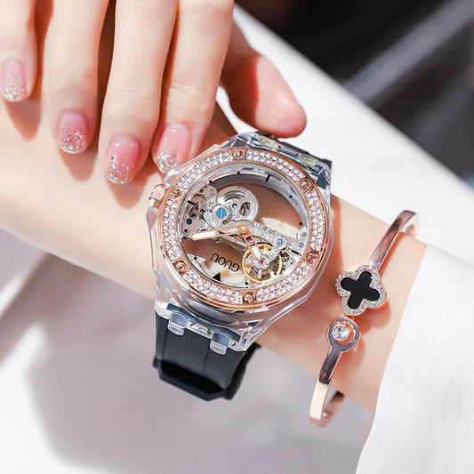 Simple Ladies Rhinestone Silicone Strap Mechanical Watch