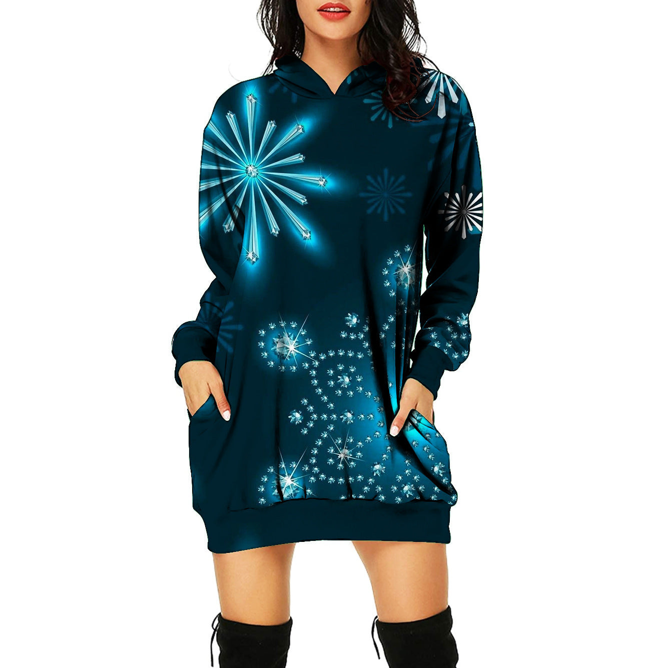 Christmas 3d Printed Mid-length Hooded Pullover Dress