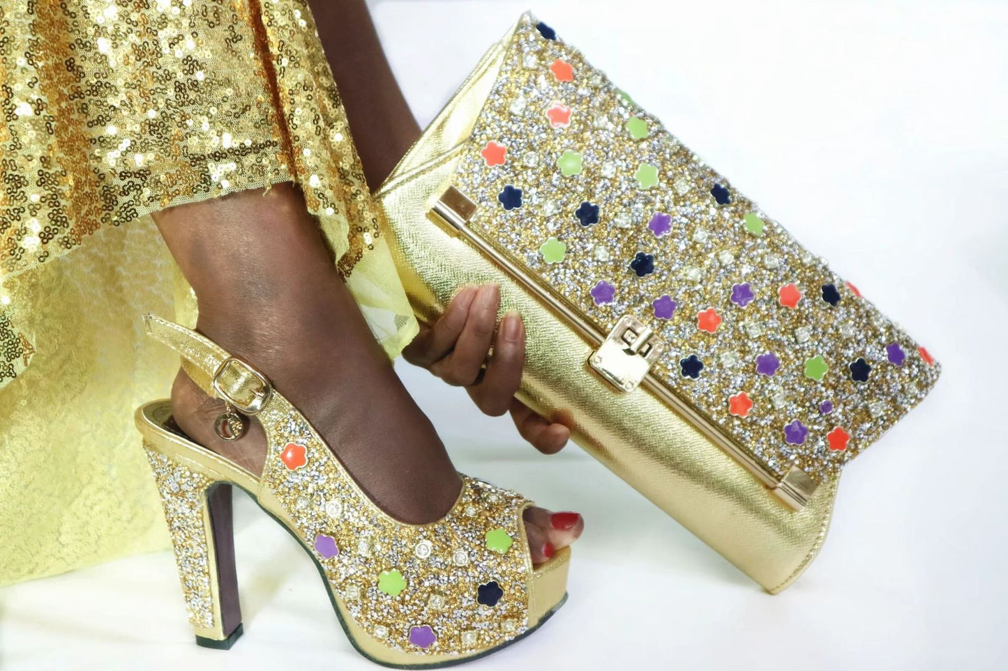 Gold Color Peep Toes High Heels With Clutch Bag For Party