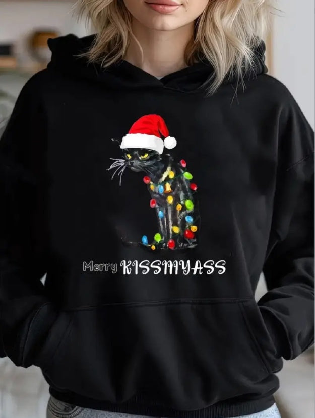 Women'S Christmas Black Cat Print Hoodie - Casual  Knit Fabric With Slight Stretch, Festive Holiday Design, Cozy Long Sleeve Sweatshirt With Pockets, Relaxed Fit Oversized Hooded Sweatshirt