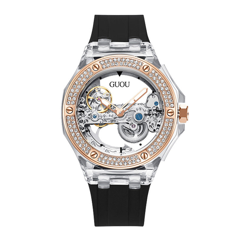 Simple Ladies Rhinestone Silicone Strap Mechanical Watch